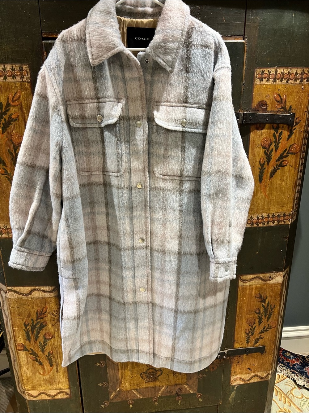 Coach Women's Plaid Faux-Fur Shacket in Light Gray and Cream
